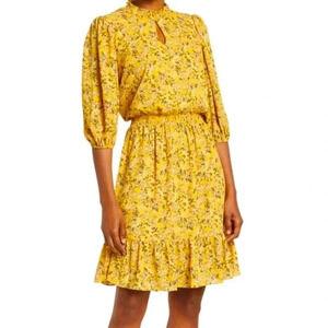 Nanette Lepore Blouson Ditsy Floral Print Yellow 3/4 Sleeve Boho Dress Womens 8